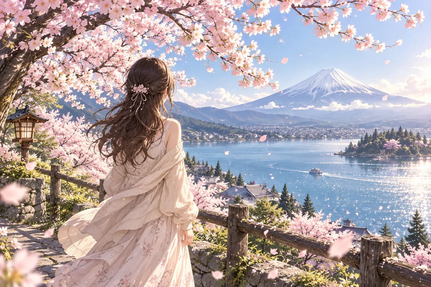 Anime-Mädchen im hellen Kleid unter blühenden Kirschbäumen mit Blick auf einen See und den Fuji