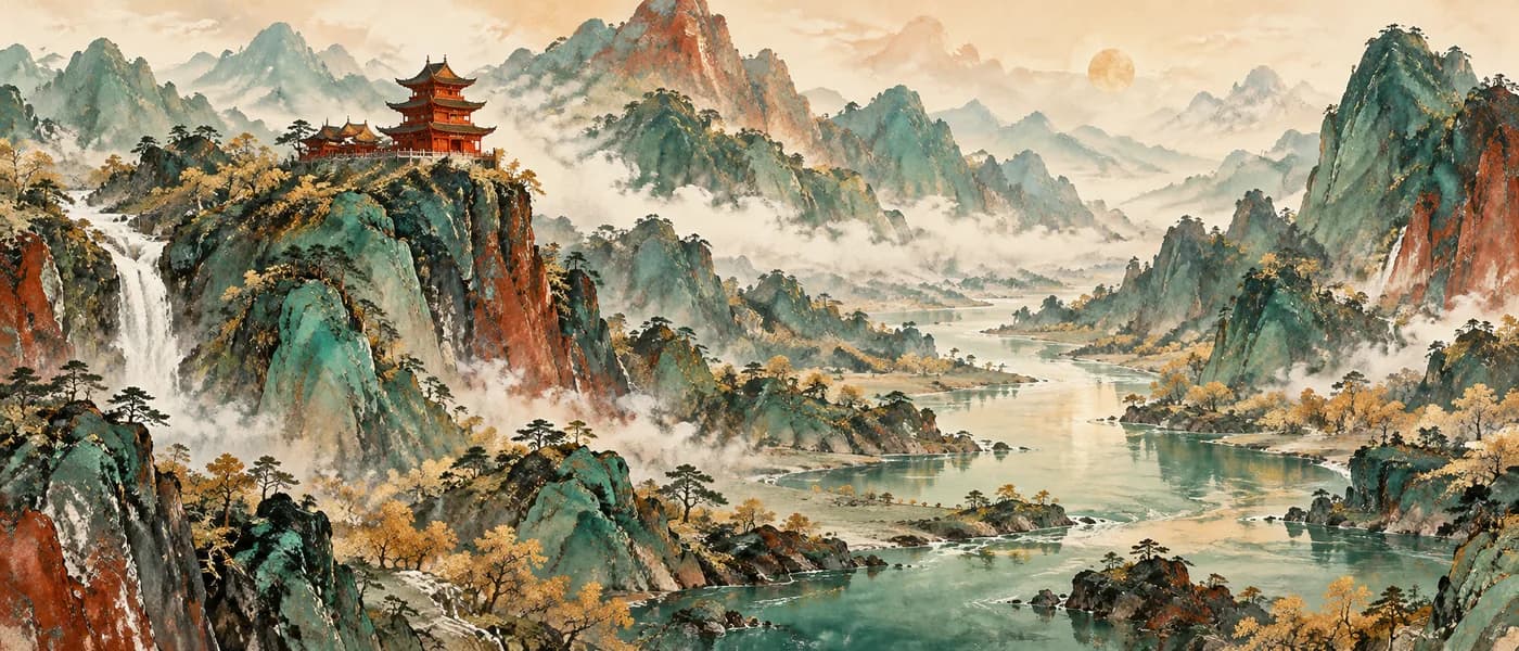 Panorama einer chinesischen Berglandschaft mit Pagoden, Wasserfällen, Fluss und Nebel in Grün und Gold