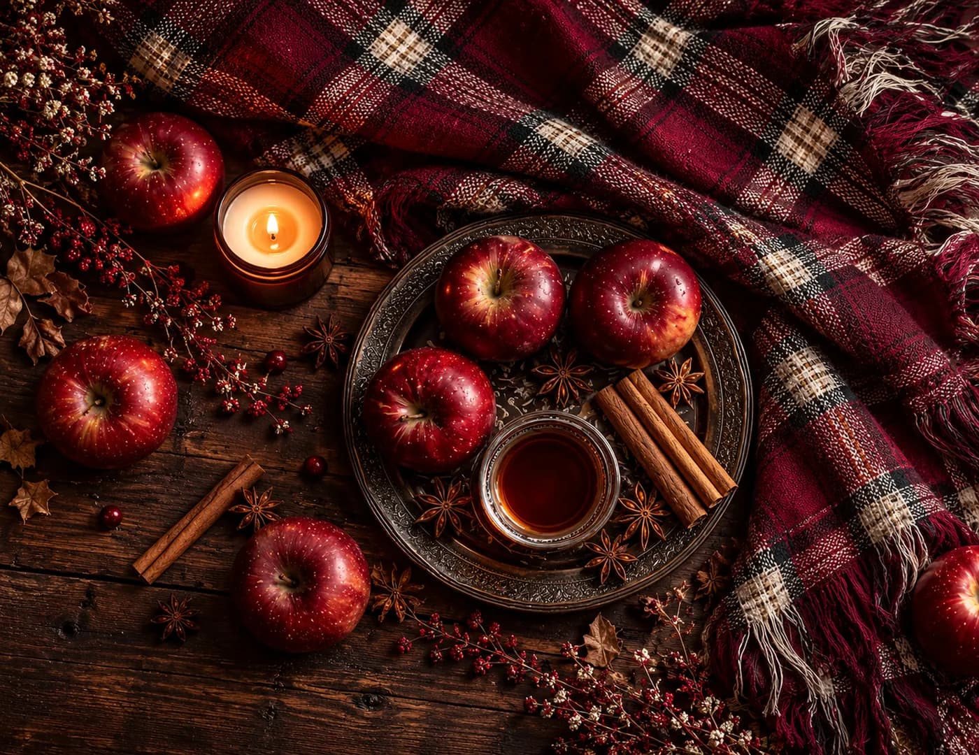 Rote Äpfel, eine Teetasse, Zimtstangen, Sternanis und eine Kerze stehen auf einem Holztisch mit Karodecke.