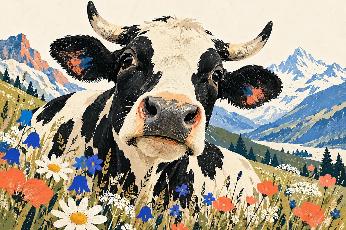 Illustrierte Kuh mit Hörnern auf einer Alpenwiese mit Mohnblumen, Enzian und schneebedeckten Bergen
