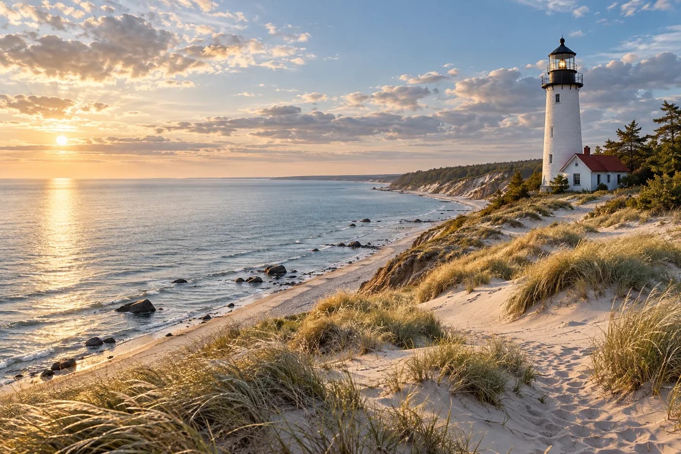 Weißer Leuchtturm über Sanddünen und Strandhafer an der Küste im warmen Licht der Abendsonne