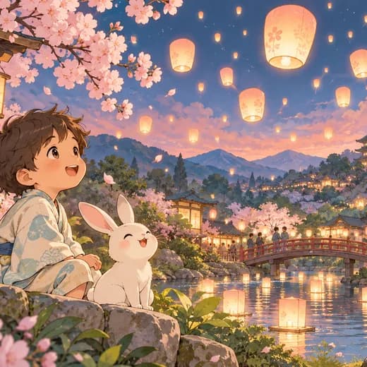 Anime Motiv mit Kind, Hase und Laternen