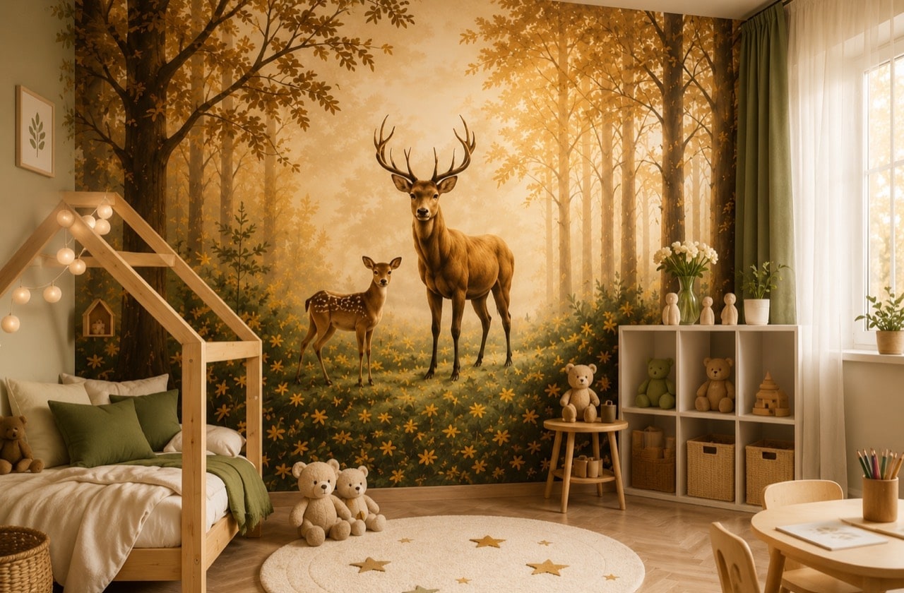 Kinderzimmer mit Wald-Fototapete, Hirsch, Rehkitz und warmem Tageslicht
