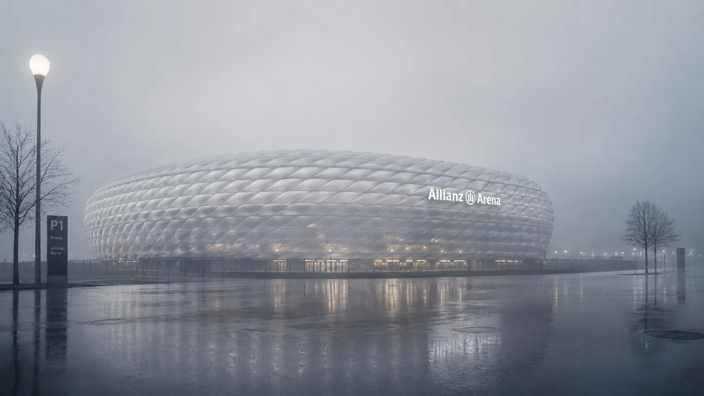 Die Allianz Arena spiegelt sich im Nebel – Motiv für Natur & Botanik als Fototapete