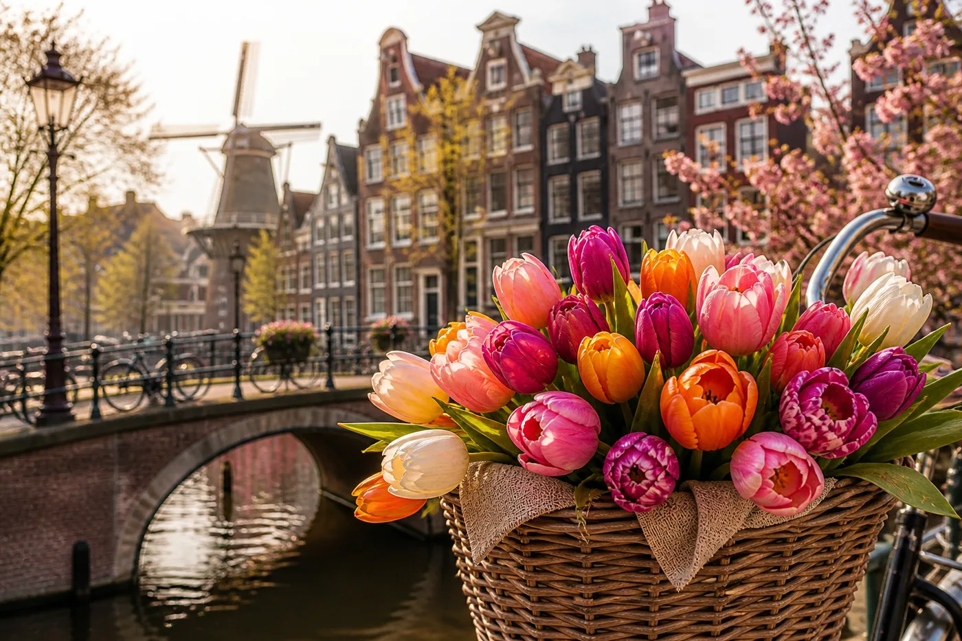 Bunte Tulpen in einem Korb vor einem historischen Kanal in Amsterdam – Motiv für Blumen & Florale Designs als Fototapete