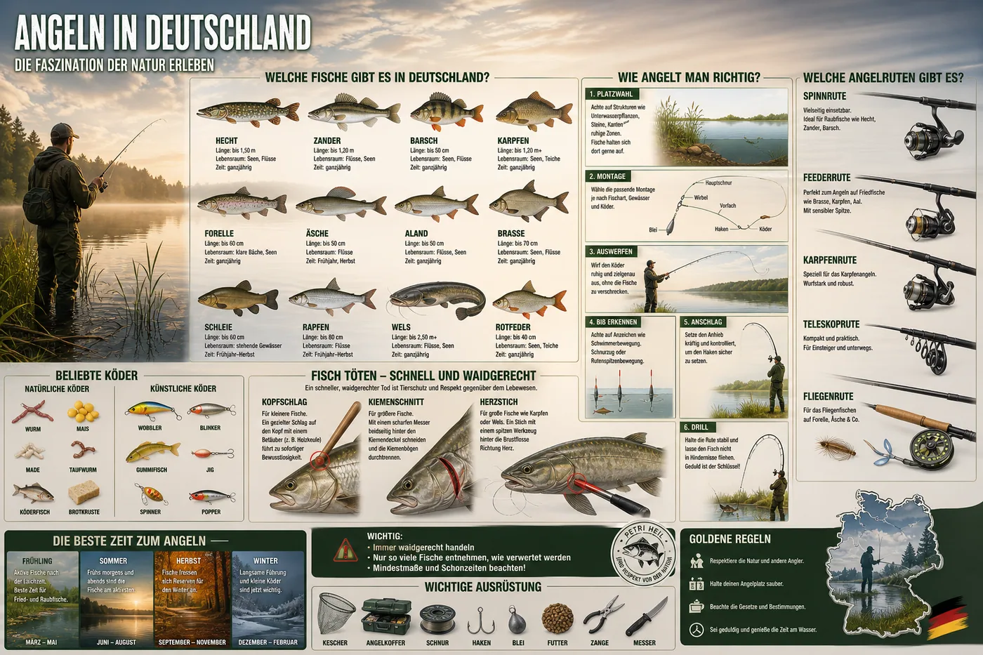 Fischerei-Poster mit verschiedenen Angeltechniken und Fischen