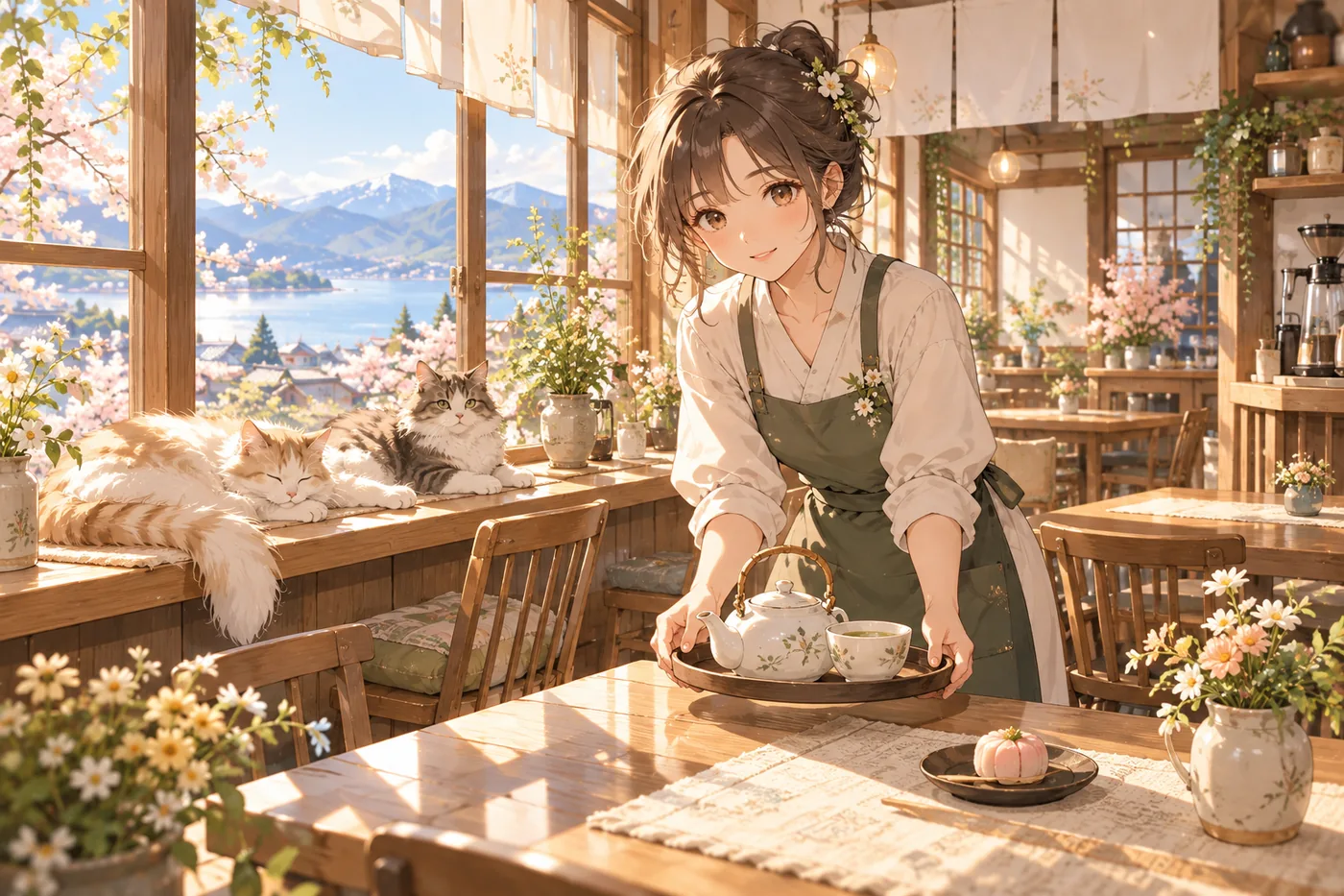 Anime-Mädchen mit Schürze serviert Tee in einem hellen Café mit Blumen und Seeblick