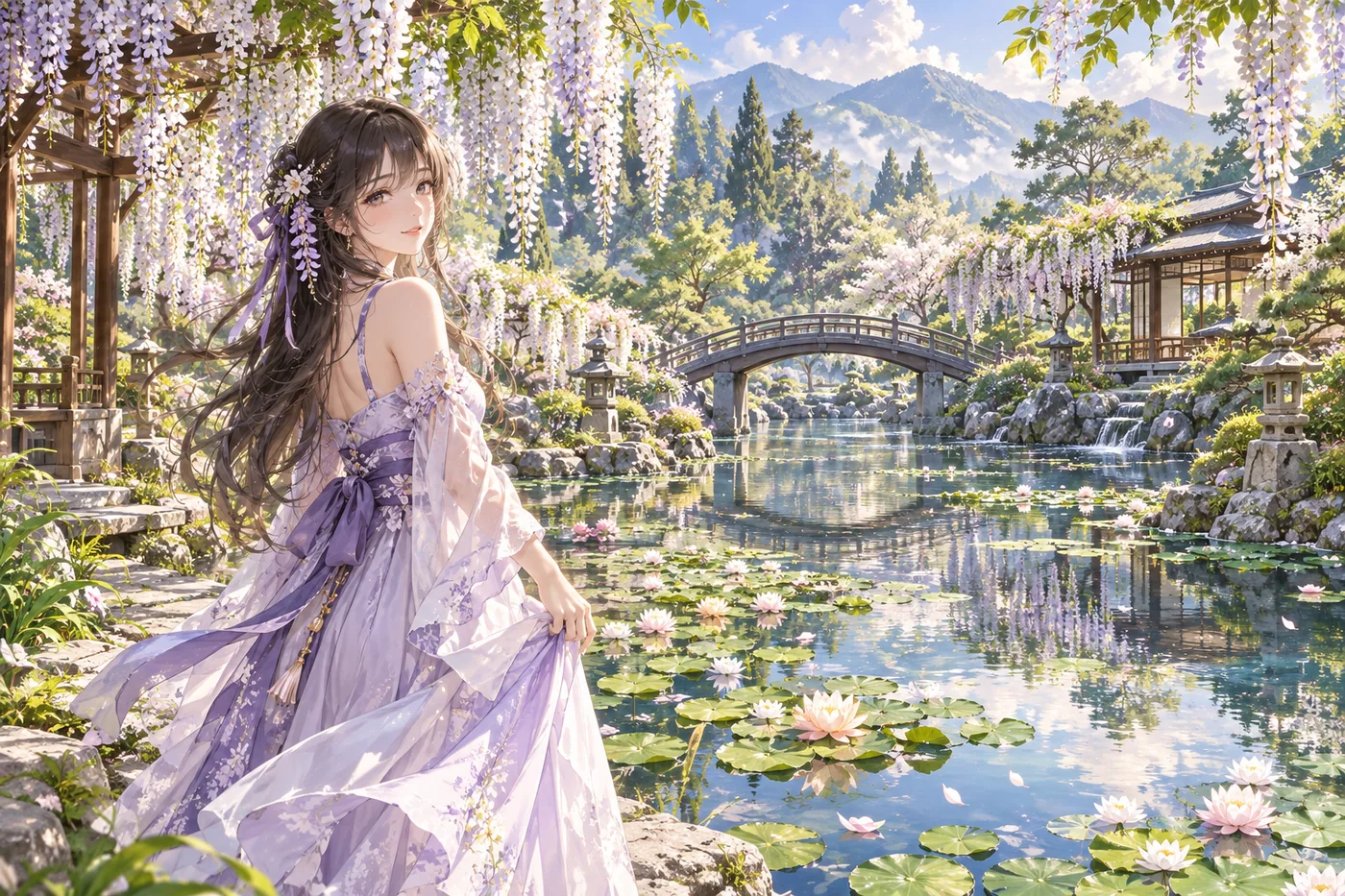 Anime-Mädchen im lila Kleid unter Glyzinien an einem Seerosenteich mit Steinbrücke
