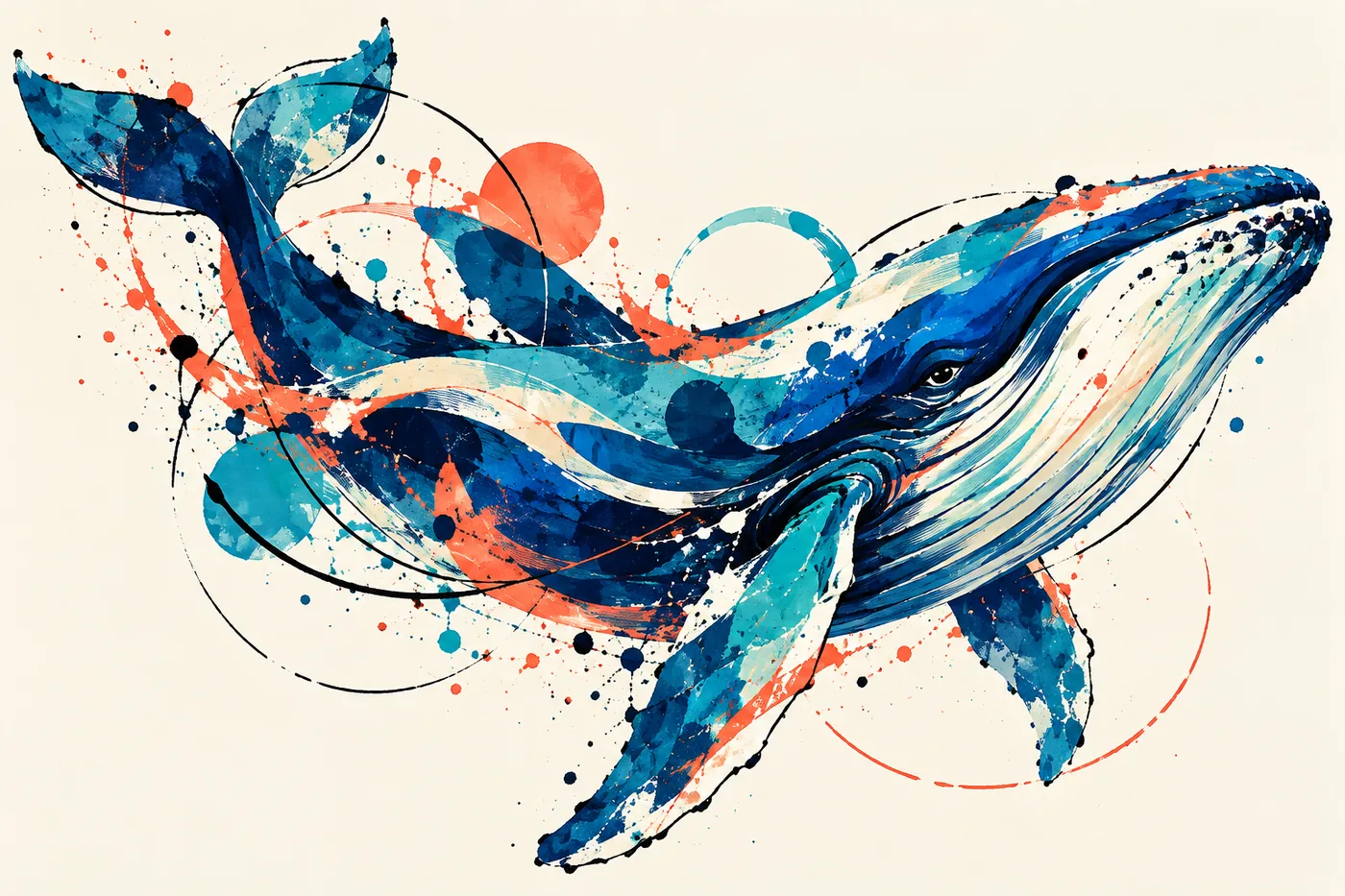 Buckelwal aus Aquarellspritzern in Blau, Türkis und Koralle auf hellem Hintergrund