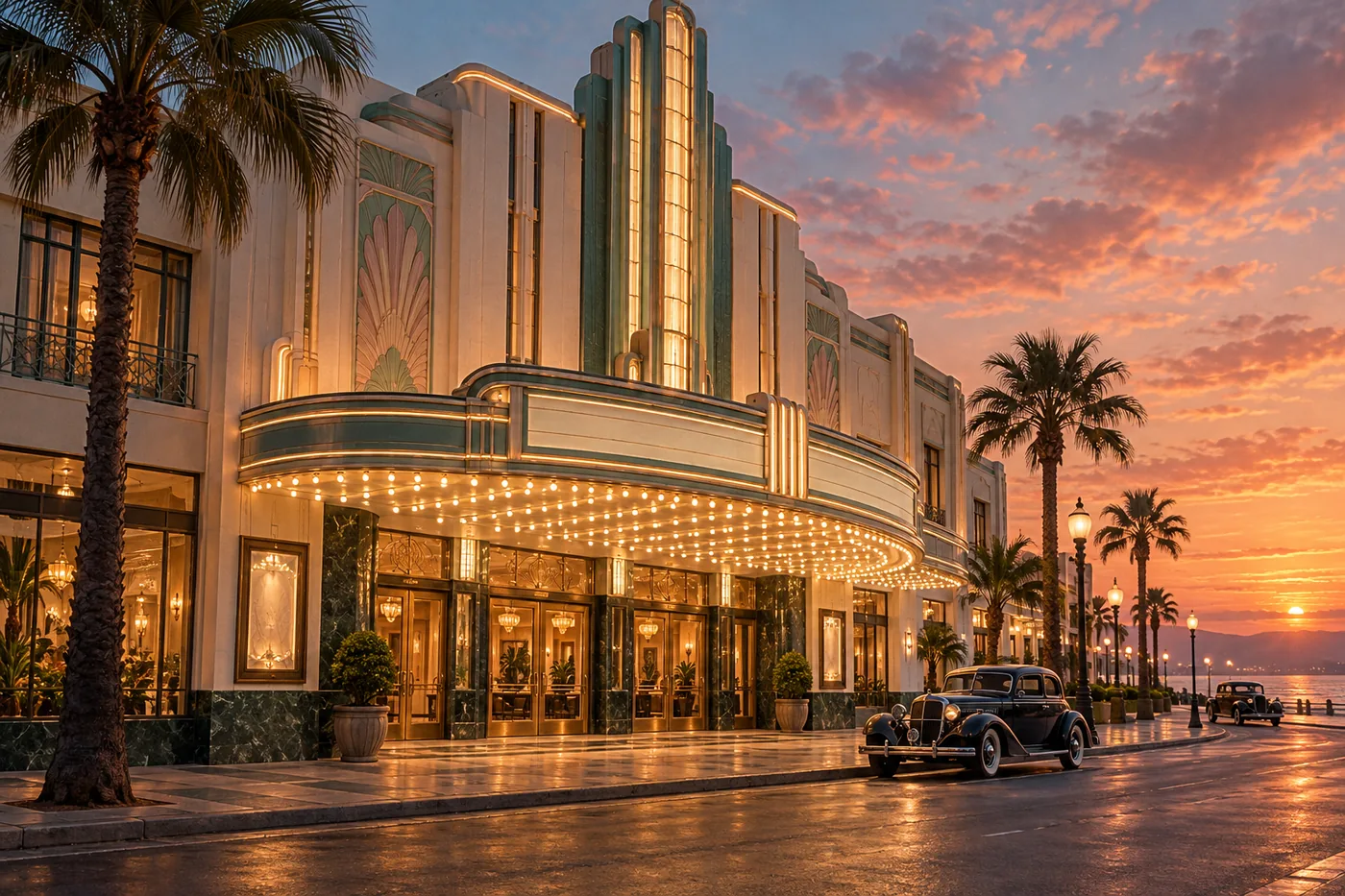 Beleuchtetes Art-déco-Kino mit Palmen und Oldtimer an einem Boulevard bei Sonnenuntergang