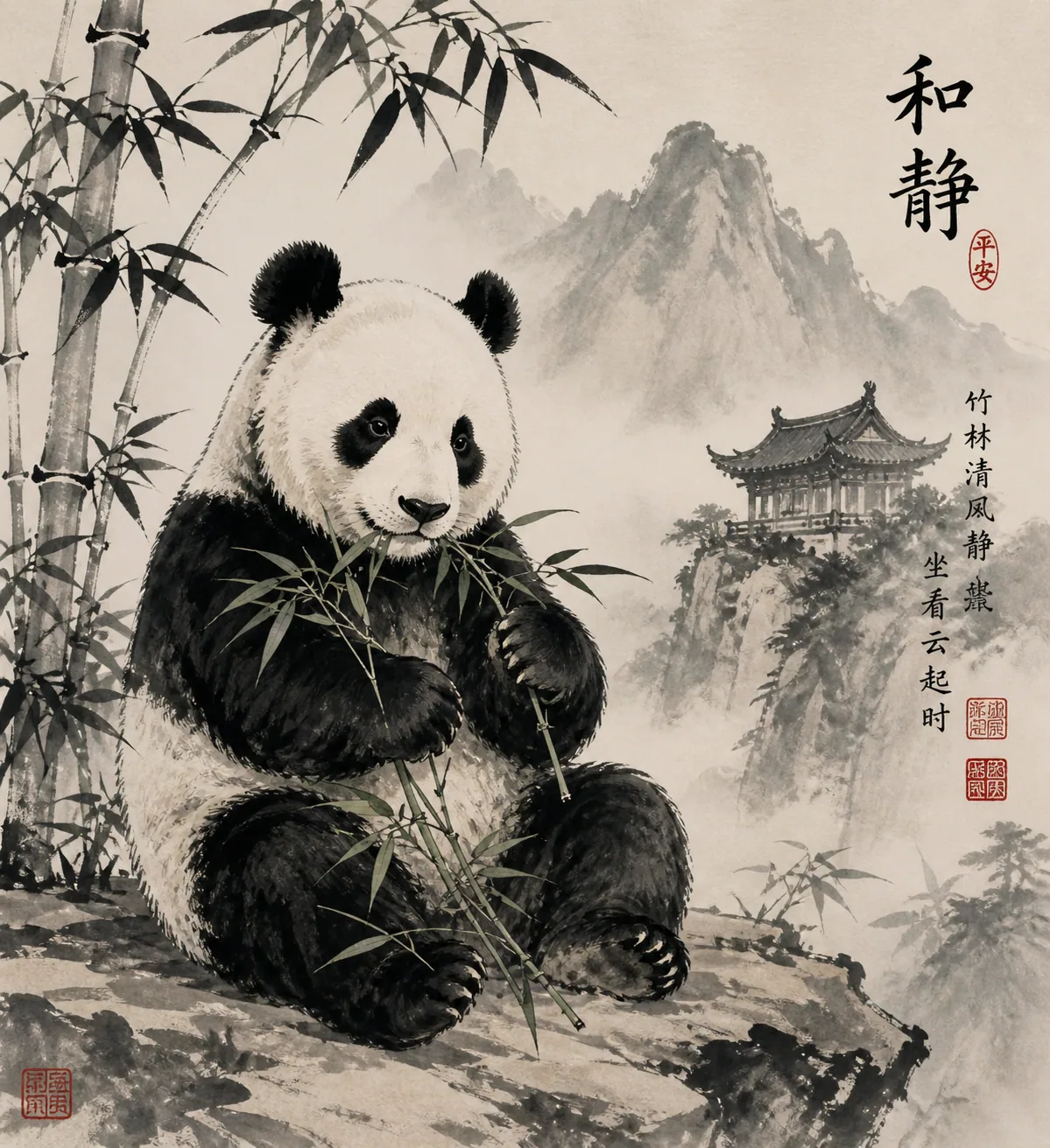 Ein Panda sitzt entspannt und isst Bambus in einer malerischen Landschaft mit Bergen und einem Pavillon – Motiv für Asien & Zen als Fototapete