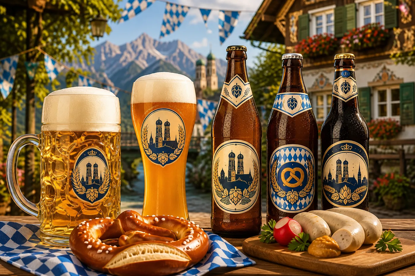 Bayerisches Biergarten-Szenario mit Bier, Brezeln und Wurst – Motiv für Deutschland & Europa als Fototapete