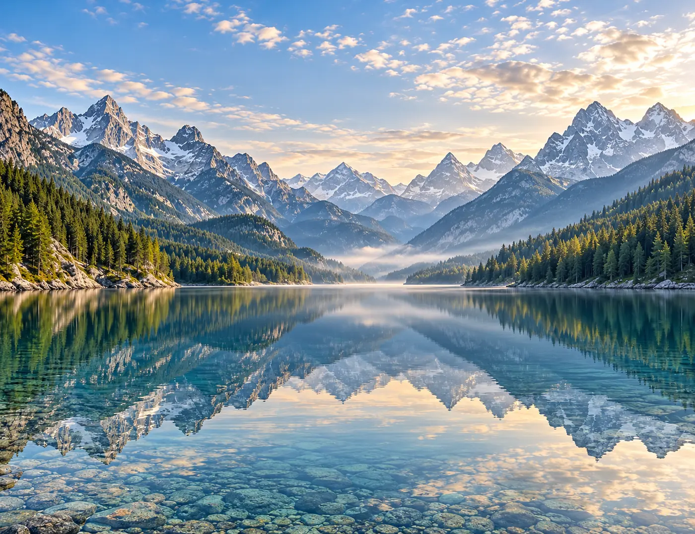 Klarer Bergsee, in dem sich schneebedeckte Gipfel und Nadelwald spiegeln