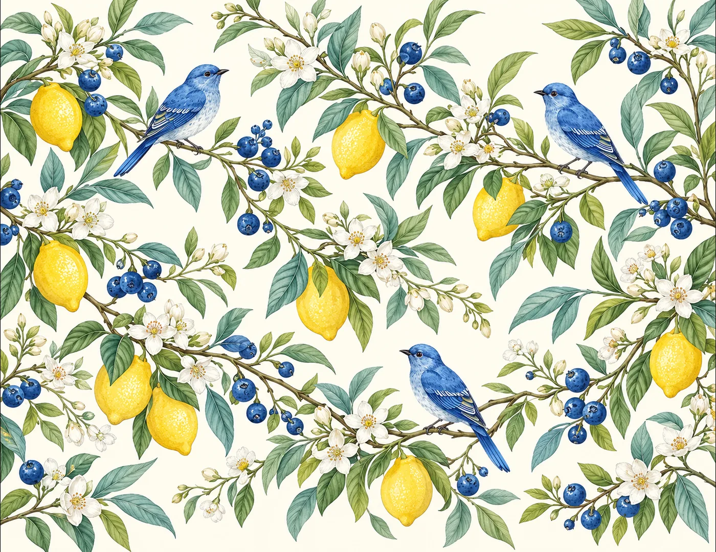 Blaue Vögel sitzen zwischen Zitronen, Heidelbeeren und Blüten in botanischer Darstellung.