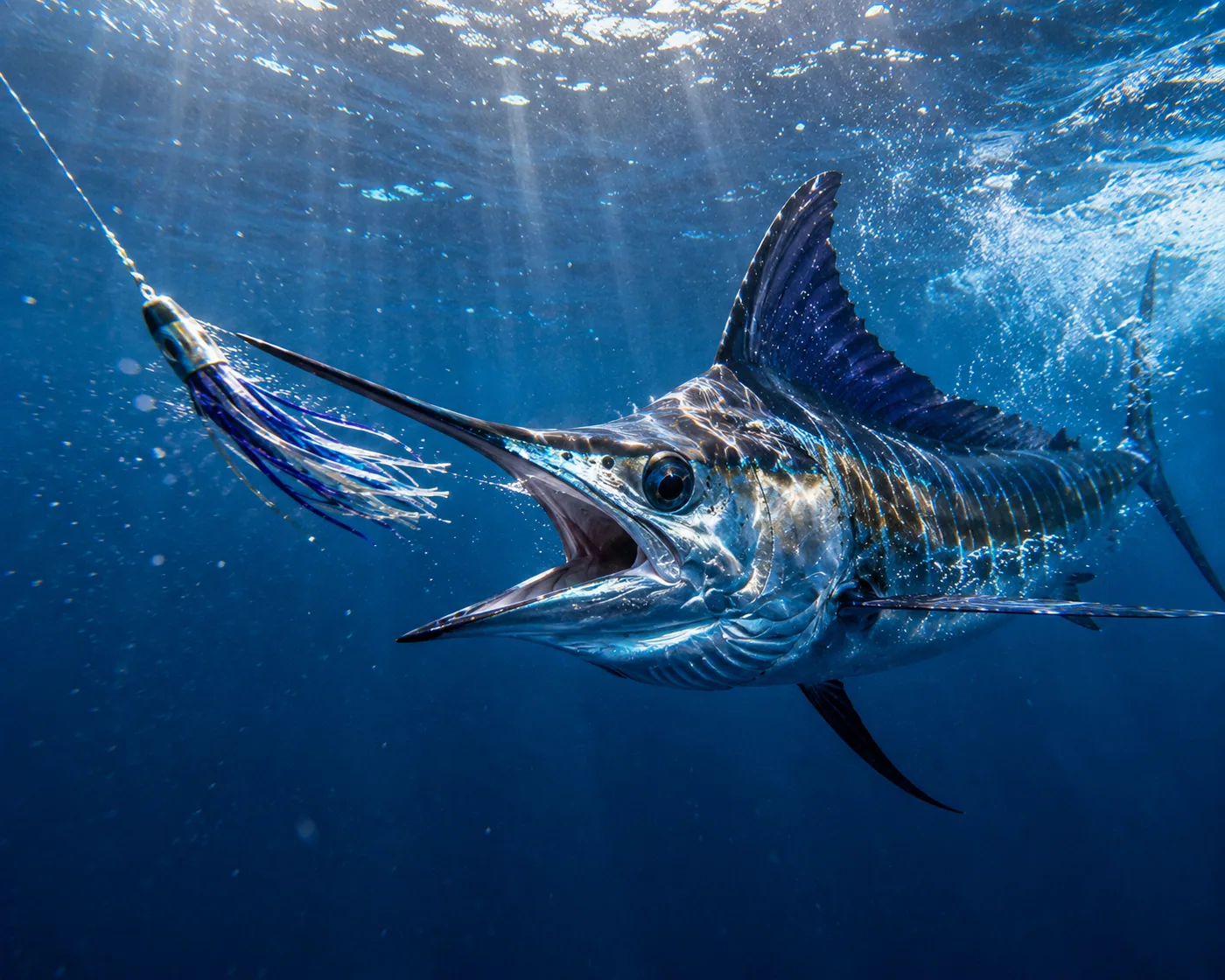 Ein blauer Segelwale schwimmt unter Wasser mit einem Angelhaken im Maul – Motiv für Meer & Küste als Fototapete