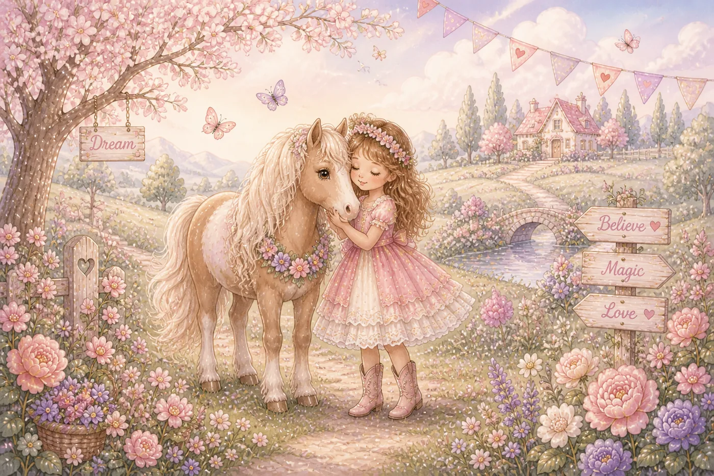 Ein zauberhafter Blühender Garten mit einem Pferd und einer Prinzessin in einem rosa Kleid, umgeben von Blumen und einem Holzpfad – Motiv für Kinderwelten als Fototapete