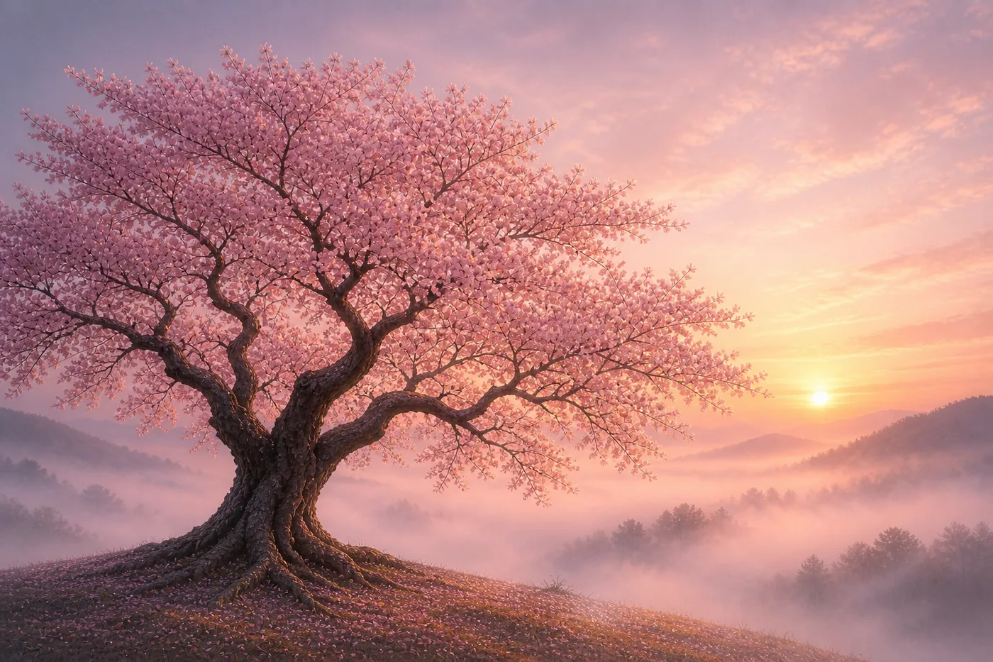 Ein blühender Kirschbaum steht auf einem Hügel bei einem sonnenaufgehenden Himmel – Motiv für Asien & Zen als Fototapete