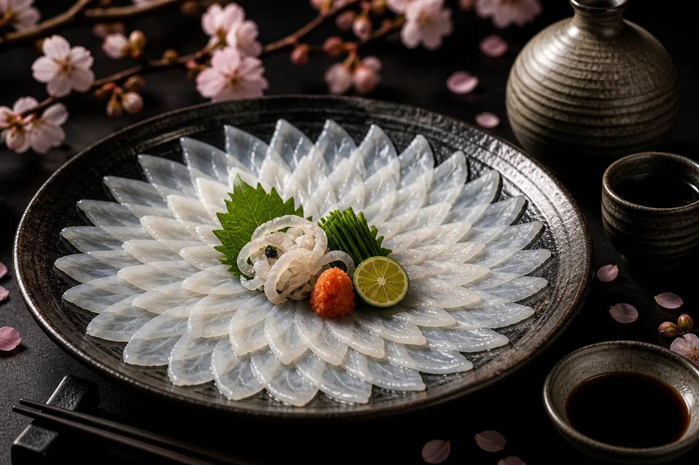 Blütenförmiges Sashimi auf einem blütenverzierten Hintergrund – Motiv für Asien & Zen als Fototapete