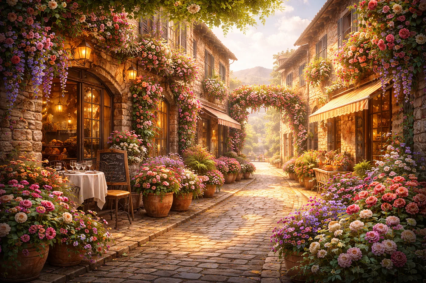 Bunte Blumenbogen an einer Dorfstraße bei Sonnenuntergang