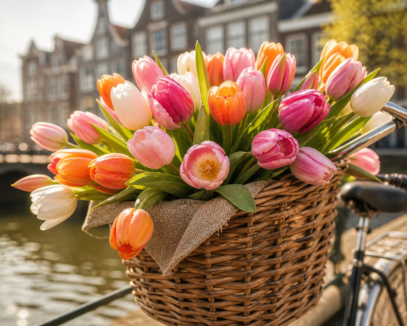 Ein Blumenkorb voller frischer Tulpen steht am Kanal in einer städtischen Umgebung – Motiv für Blumen & Florale Designs als Fototapete