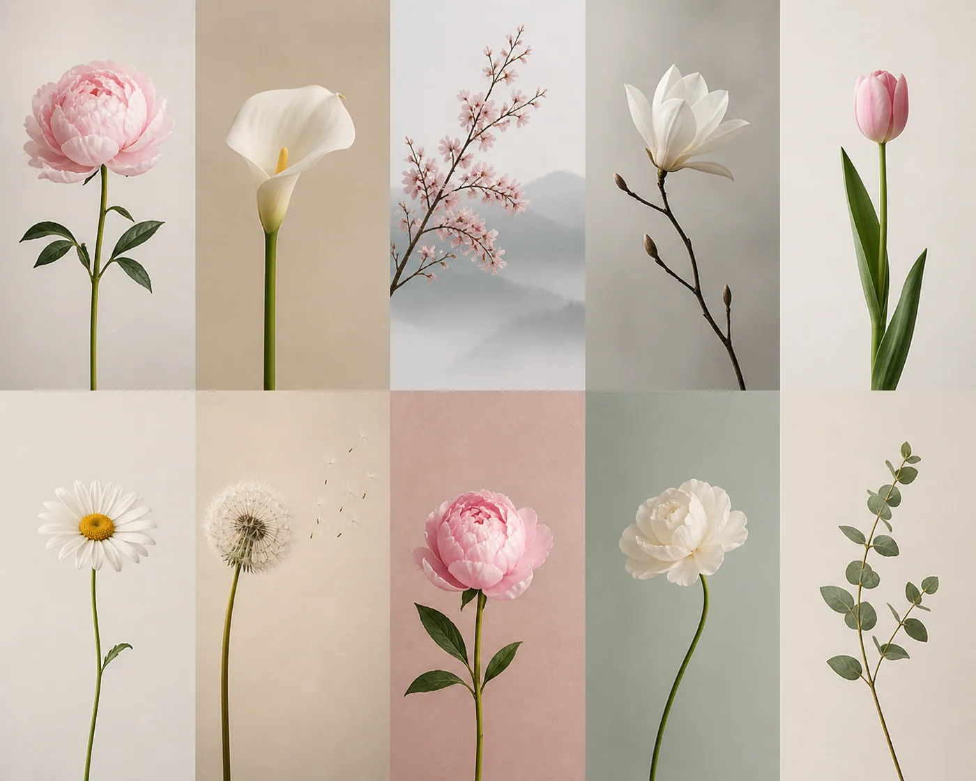 Vier Blumen in Pastellfarben: Nelke, Calla, Magnolie und Tulpe – Motiv für Blumen & Florale Designs als Fototapete