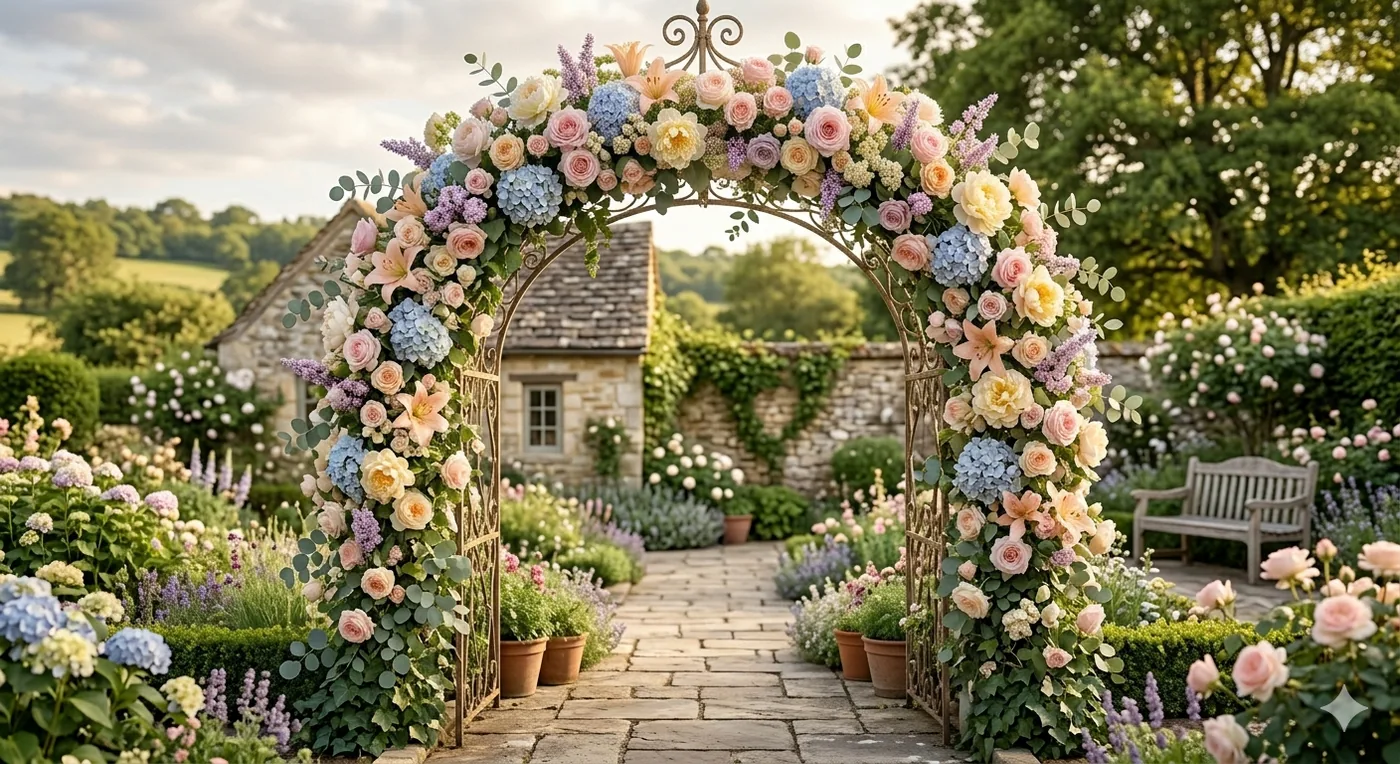 Ein idyllischer Garten mit einem Rosenbogen, umgeben von Blumen und einem rustikalen Haus im Hintergrund – Motiv für 3D & Raumillusionen als Fototapete