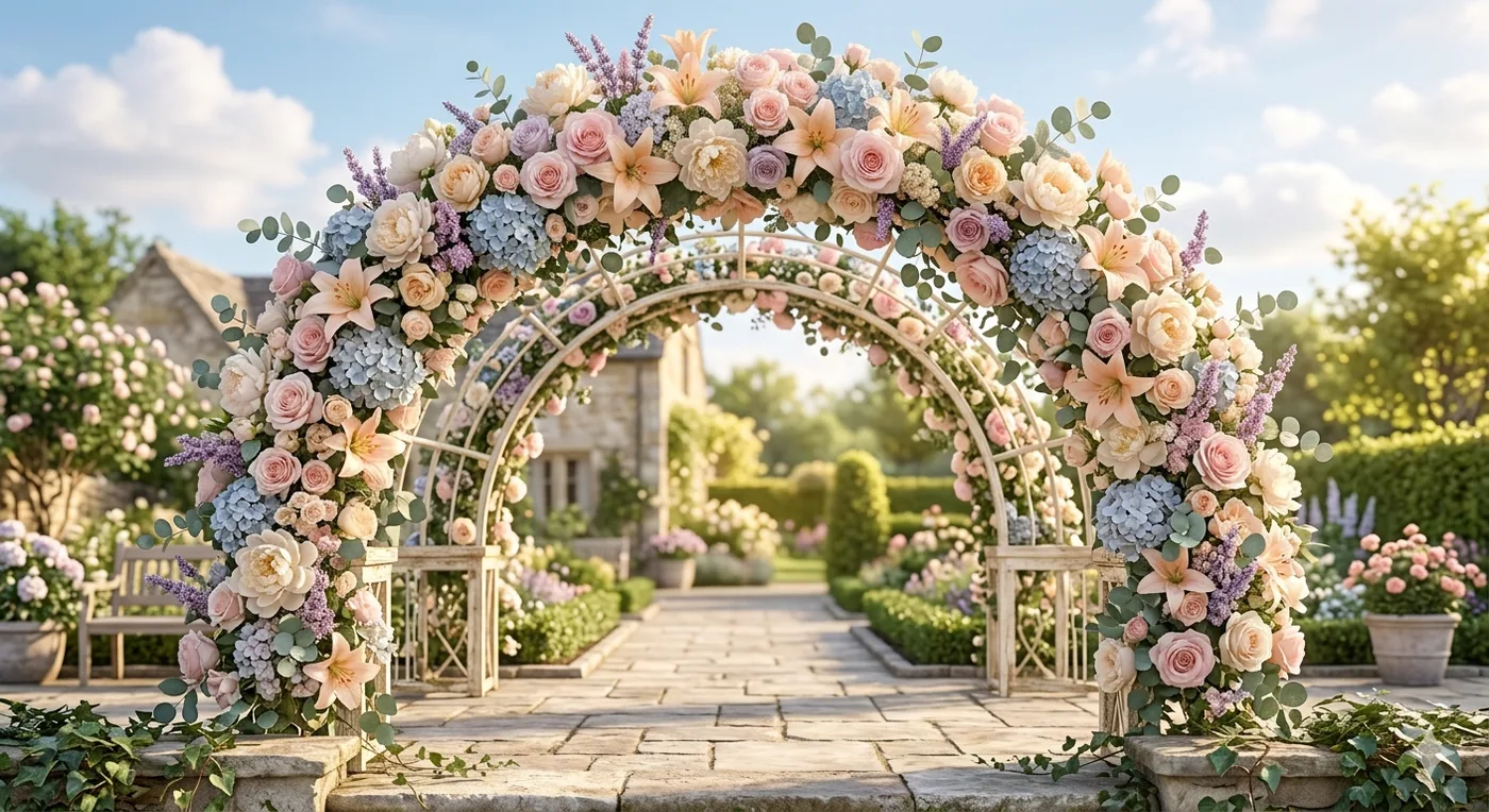 Ein blumiger Lichtbogen im Garten mit Rosen und Hortensien – Motiv für 3D & Raumillusionen als Fototapete