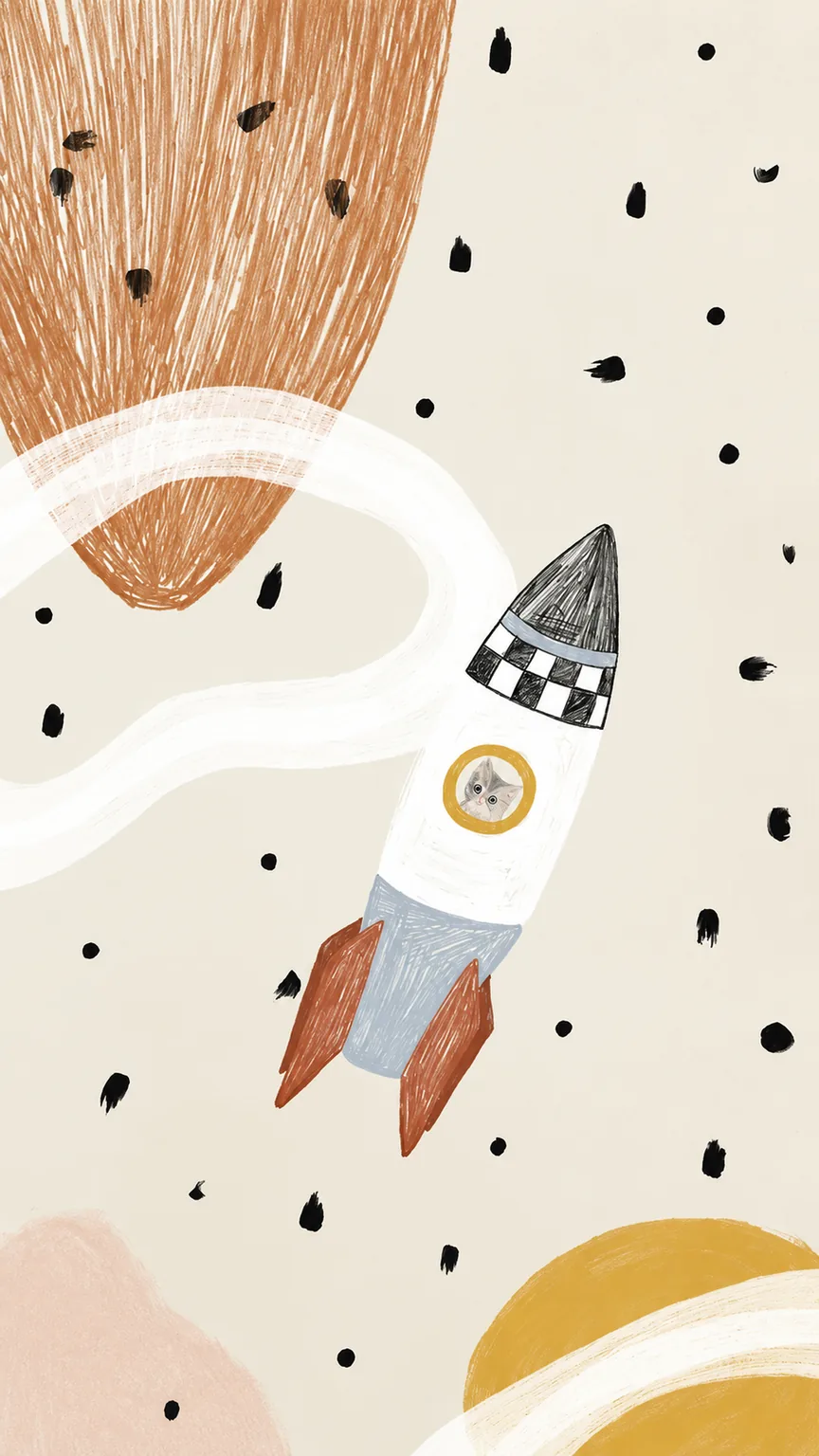 Eine Rakete im Boho-Stil fliegt zwischen Punkten und einem Planeten in sanften Pastelltönen.