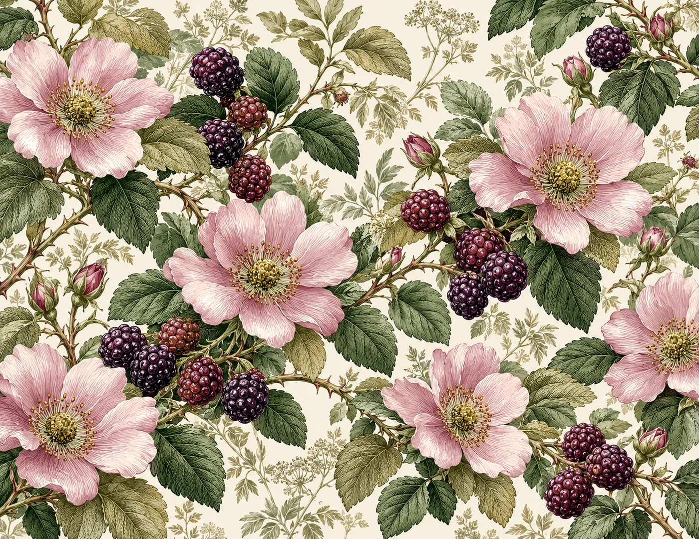 Brombeeren mit rosa Blüten und Blättern in botanischer Darstellung.