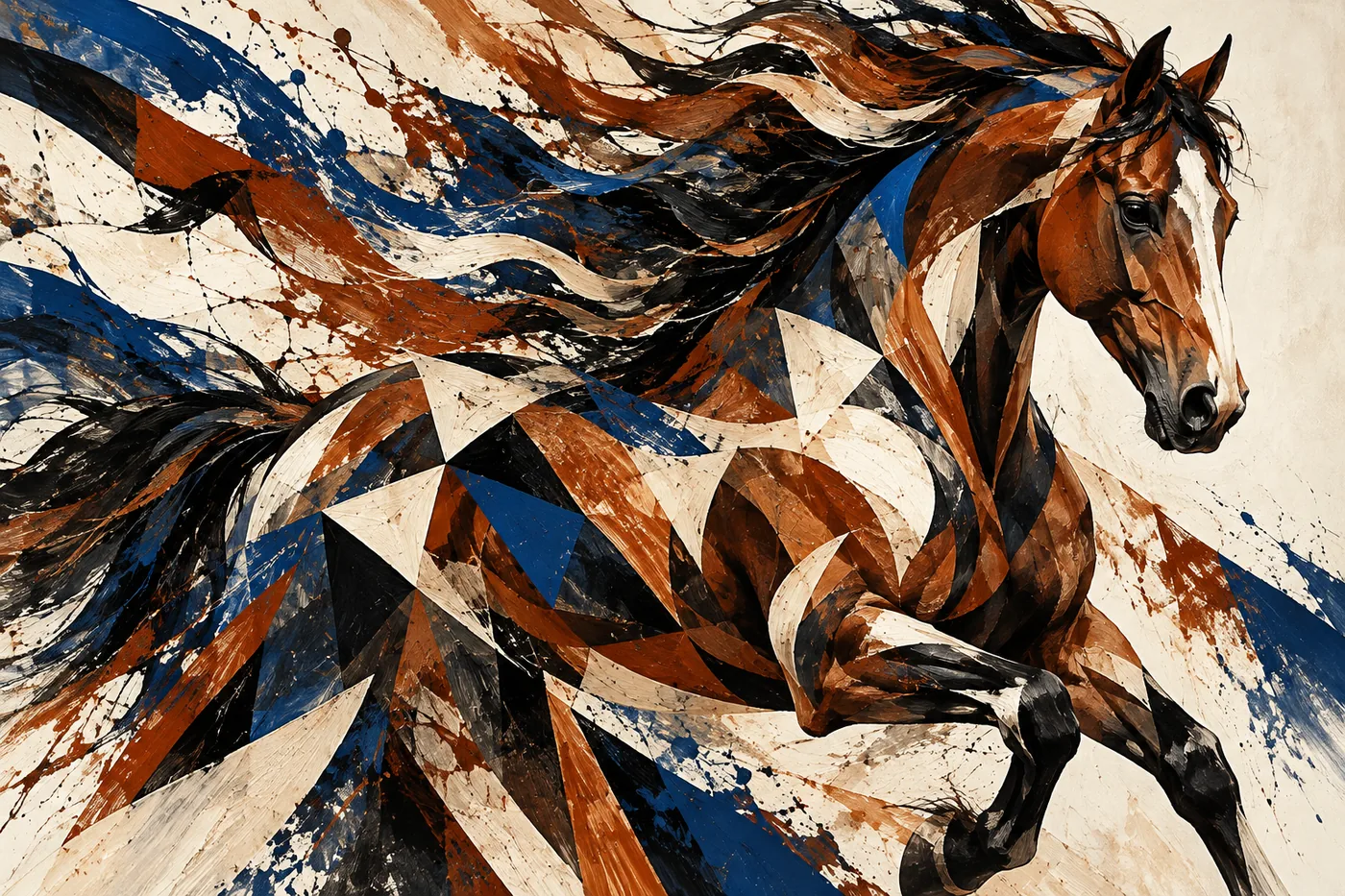 Braunes Pferd im Galopp, dargestellt in expressiven Pinselstrichen in Braun, Blau und Creme
