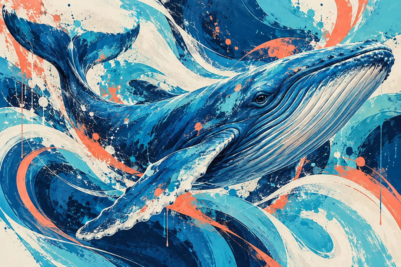 Buckelwal in dynamischen blauen Wellen mit Akzenten in Koralle und Orange, gemalt mit expressiven Pinselstrichen