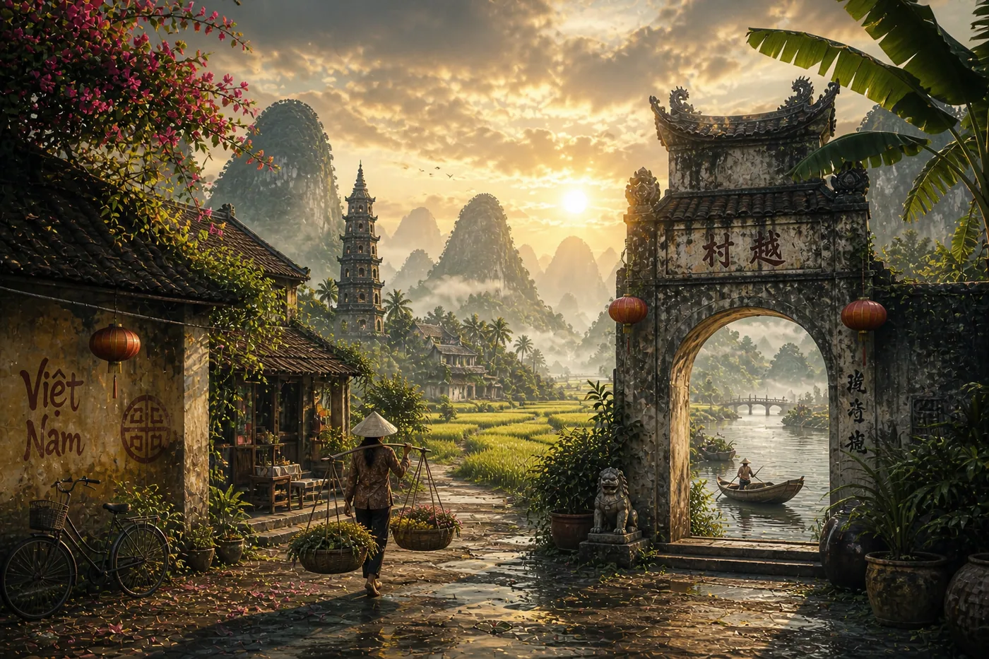 Blick auf einen buddhistischen Tempel bei einem malerischen Sonnenuntergang mit Bergen im Hintergrund – Motiv für Asien & Zen als Fototapete