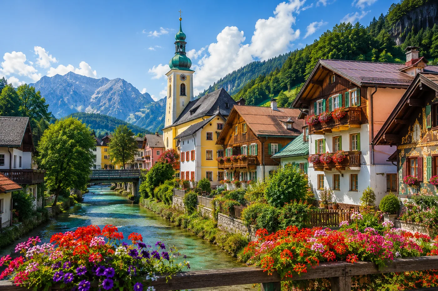 Bunte Blumen säumen einen Fluss in einem malerischen Dorf mit traditionellen Häusern und einer Kirche im Hintergrund – Motiv für Natur & Botanik als Fototapete