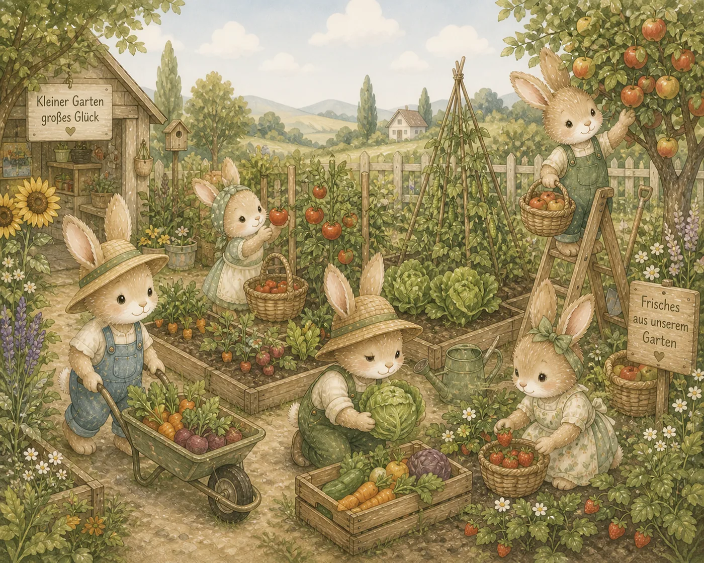 Fünf Kaninchen in einem bunten Gemüsegarten, voller Früchte und Gemüse – Motiv für Kinderwelten als Fototapete