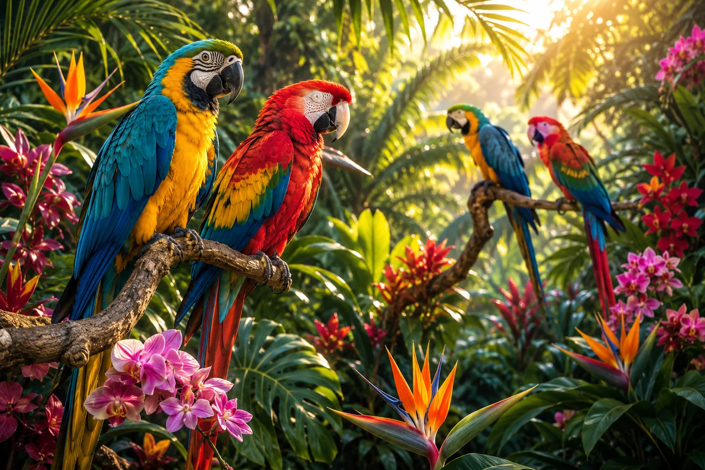Vier farbenfrohe Papageien sitzen auf einem Ast in einem tropischen Dschungel mit bunten Blumen und Pflanzen – Motiv für Tiere & Wildlife als Fototapete