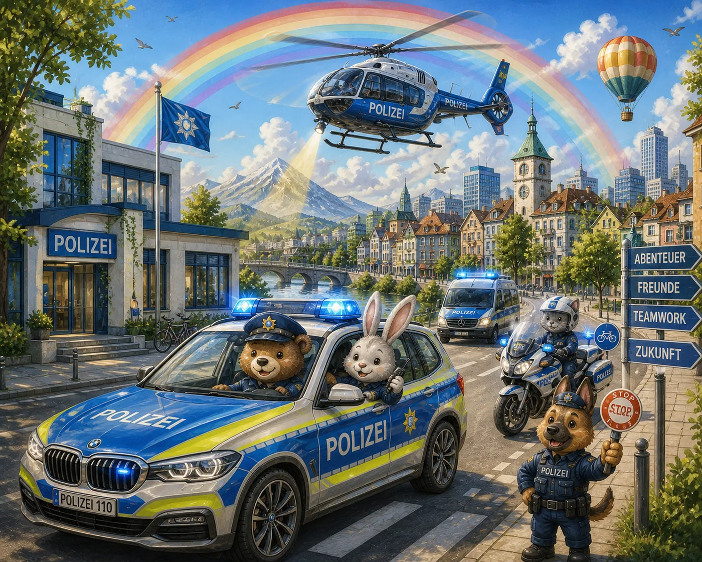 Ein buntes Polizei-Verkehrssicherheitsmotiv mit niedlichen Tieren und einem Regenbogen – Motiv für Kinderwelten als Fototapete
