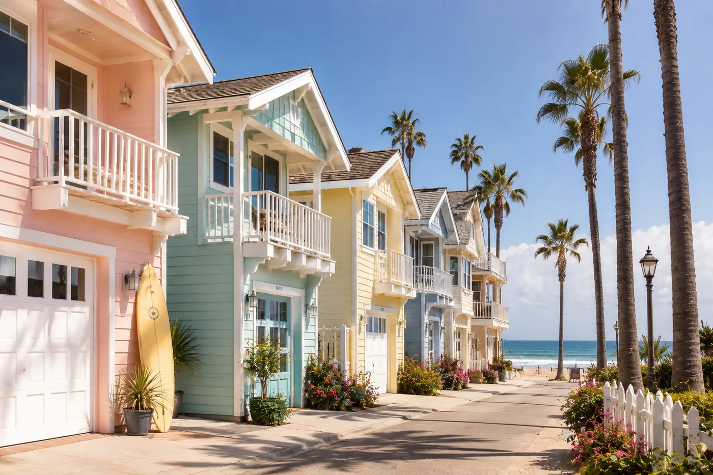 Bunte Strandhäuser am Tag mit Palmen und Strand im Hintergrund – Motiv für Meer & Küste als Fototapete