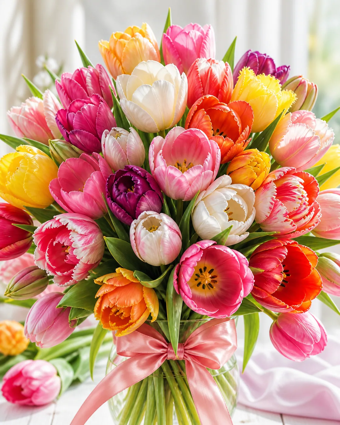 Ein strahlender Strauß bunter Tulpen mit einem rosafarbenen Schleifenband, umgeben von grünen Blättern