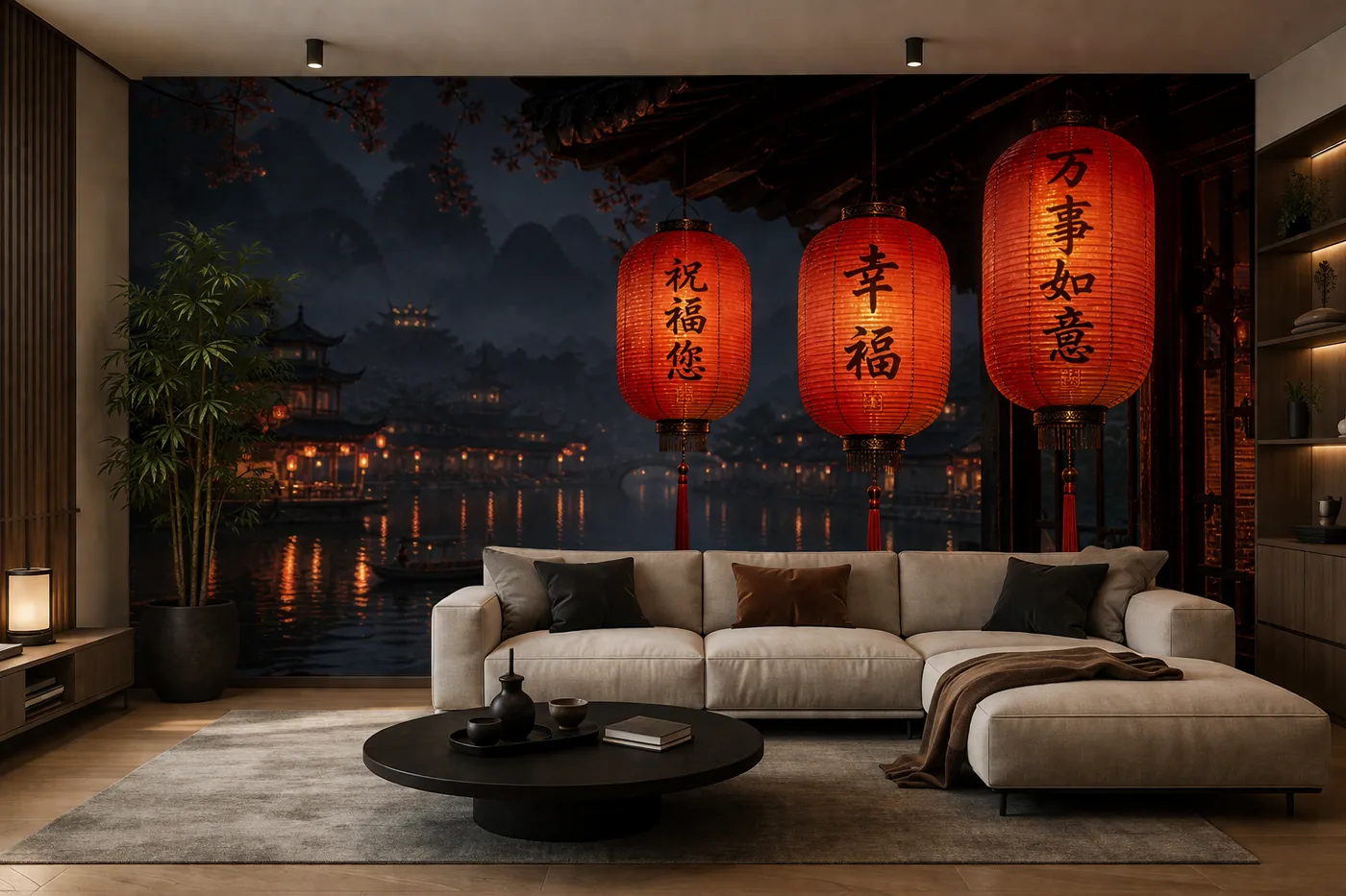 Ein Wohnzimmer mit chinesischen Laternen bei Nacht