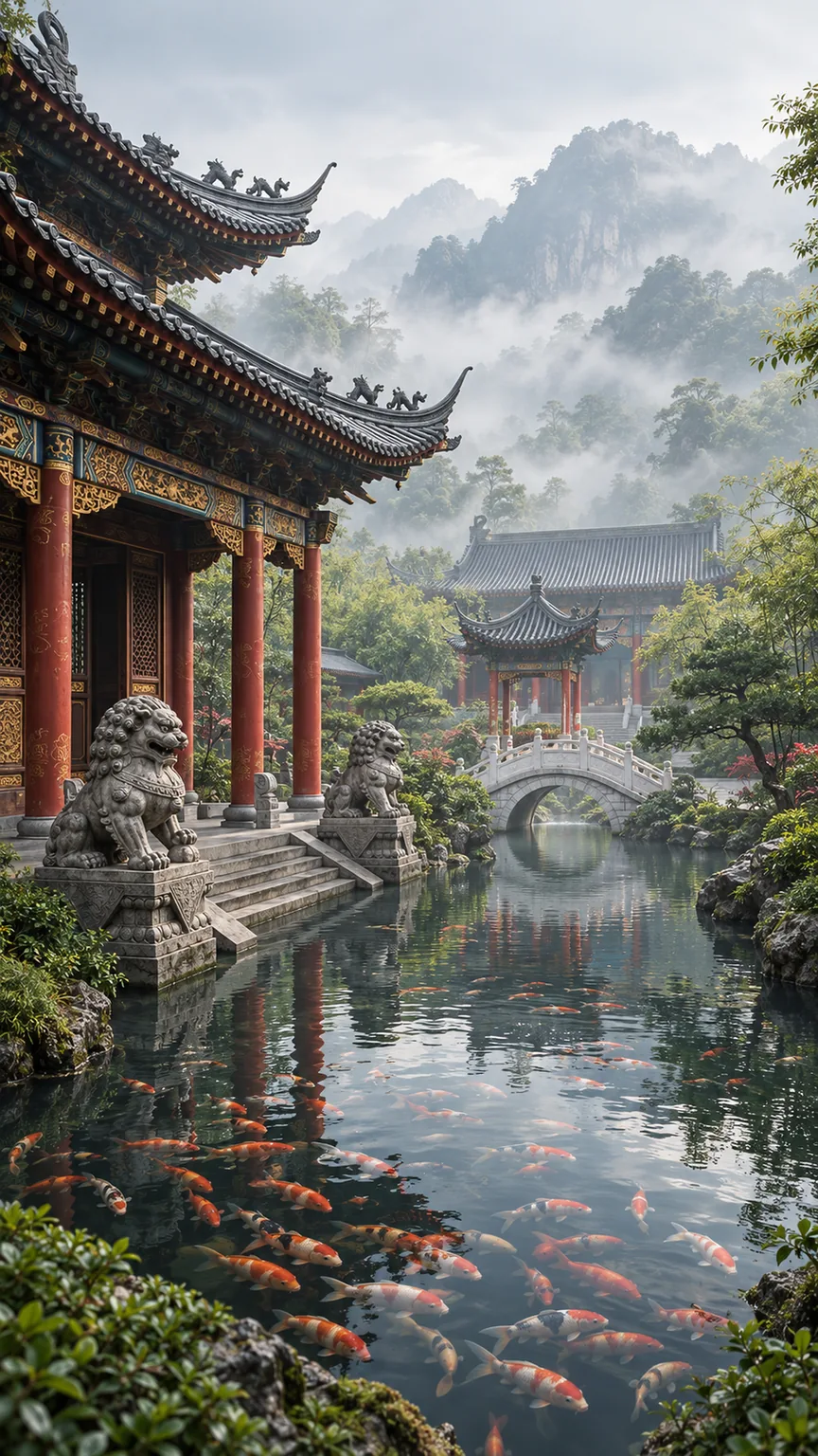 Chinesischer Tempel mit Löwenstatue, Koi-Teich und Steinbrücke vor Bergen im Nebel