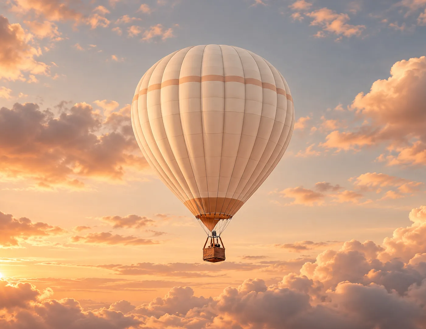 Ein cremefarbener Heißluftballon schwebt bei Sonnenuntergang über einem Wolkenmeer.