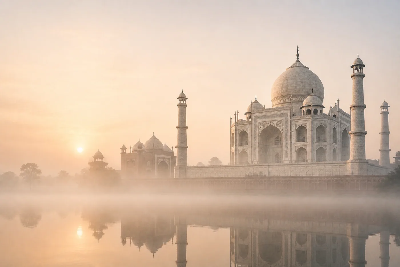 Dämmerungslicht am Taj Mahal spiegelt sich im Wasser und erzeugt eine mystische Atmosphäre – Motiv für Asien & Zen als Fototapete