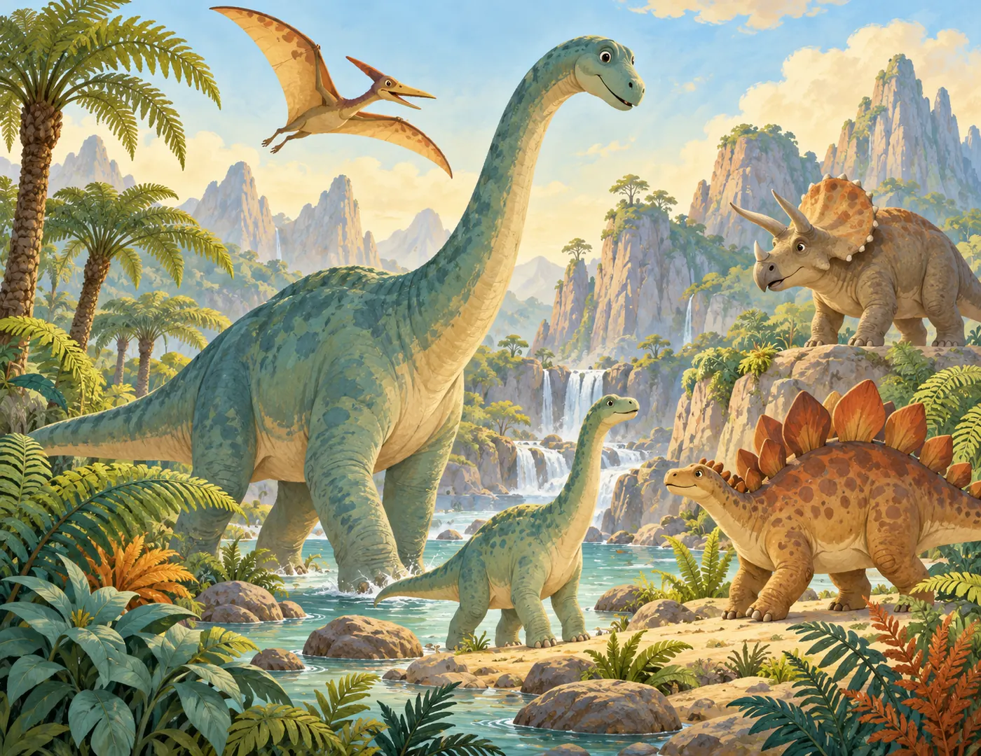 Freundliche Dinosaurier an einem Wasserfall in einer urzeitlichen Landschaft