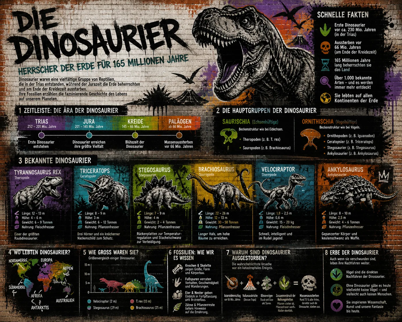 Detaillierte Infografik über Dinosaurier mit Fakten und Bildern – Motiv für Loft & Industrial Style als Fototapete