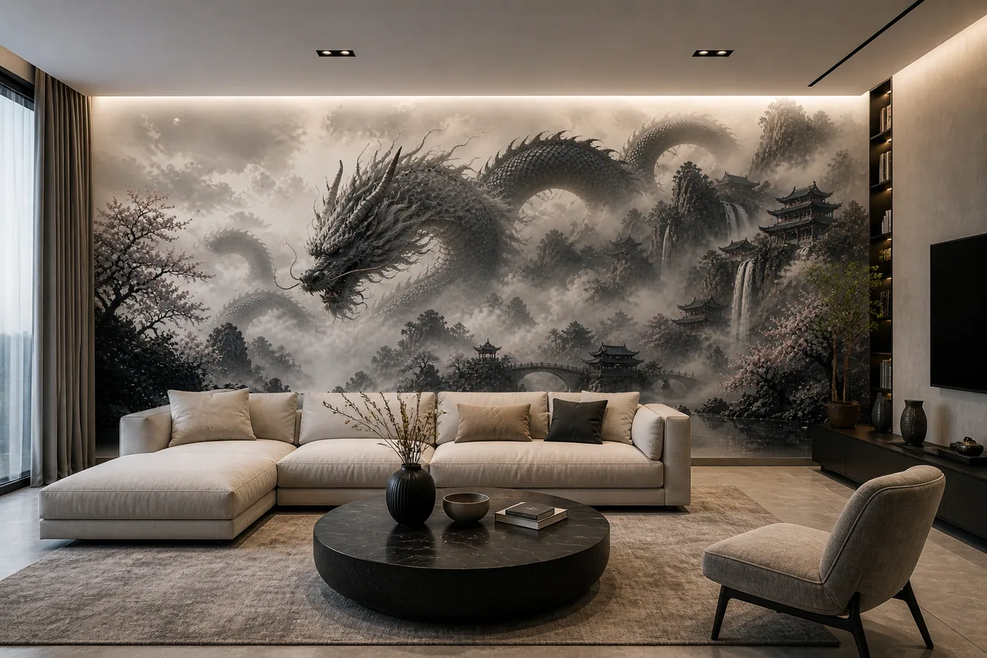 Ein Wohnzimmer mit einem großen Wandbild eines Drachen im Nebel, umgeben von Bergen und traditionellen Gebäuden