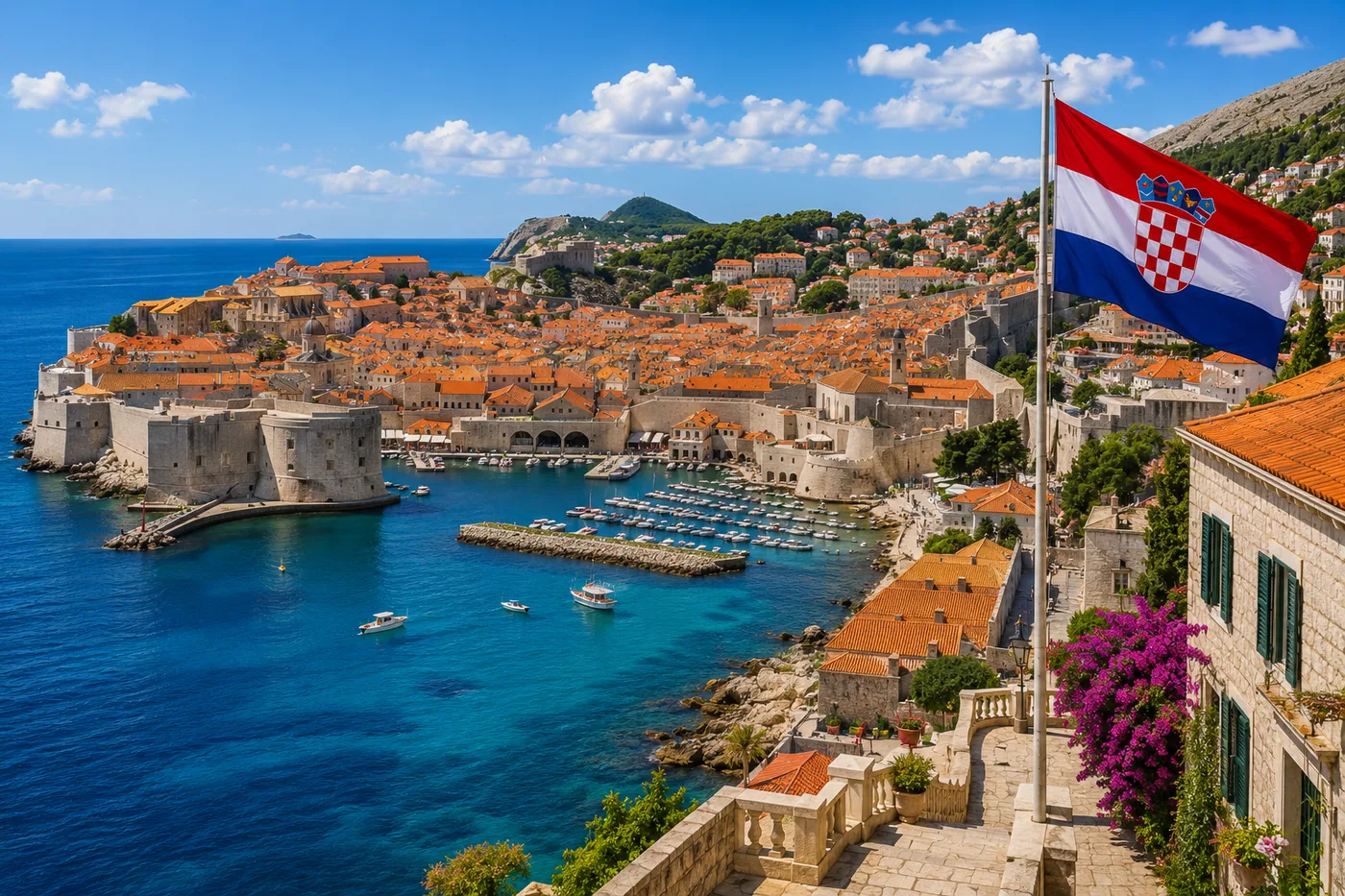 Panorama von Dubrovnik mit der kroatischen Flagge und dem Hafen im Vordergrund – Motiv für Städte & Sehenswürdigkeiten als Fototapete