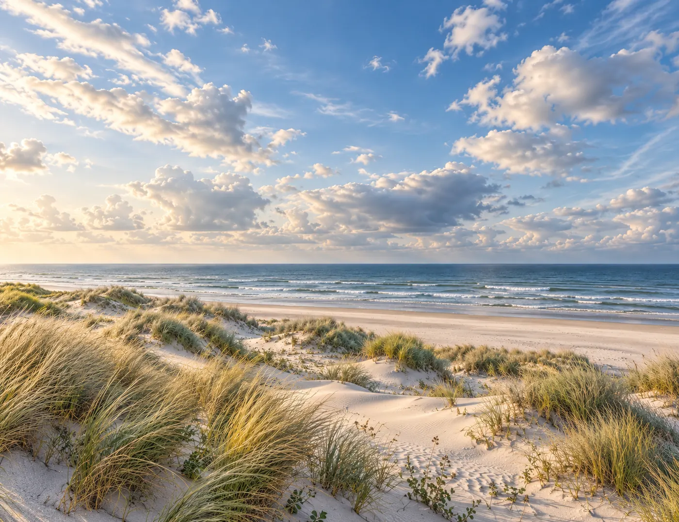 Sanddünen mit Strandhafer am Meer unter blauem Sommerhimmel mit Wolken