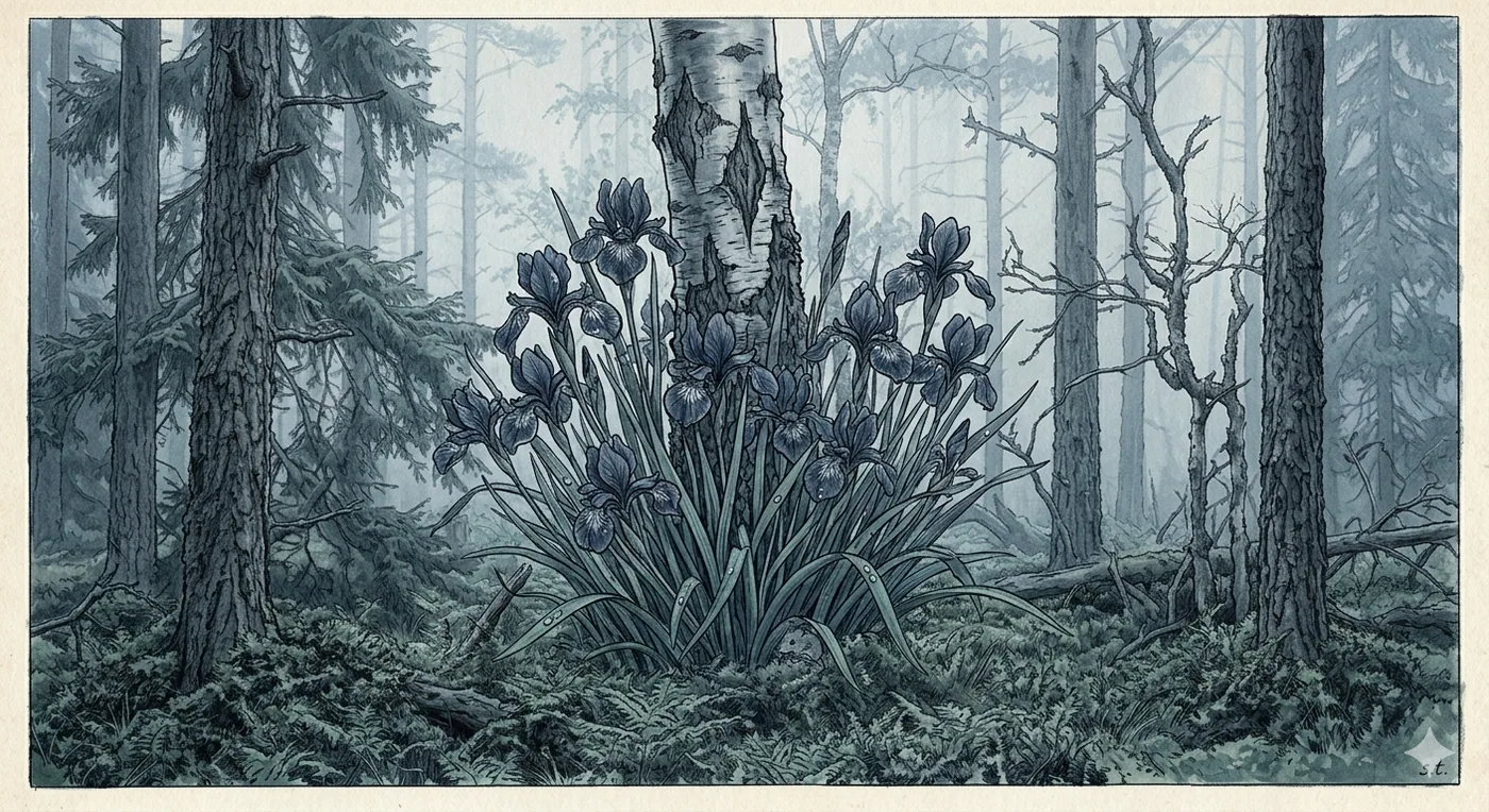 Ein nebliger Wald mit dunklen Irisblumen im Vordergrund