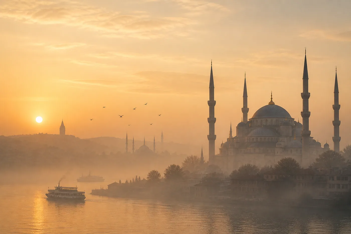 Dunstiger Istanbul-Tag mit der blauen Moschee und dem Bosporus bei Sonnenaufgang – Motiv für Asien & Zen als Fototapete