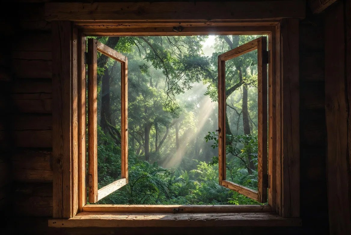 Durchlichteter Wald im Fenster einer Holzhütte – Motiv für 3D & Raumillusionen als Fototapete